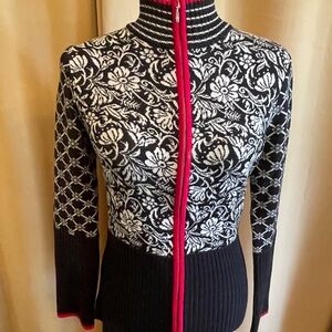 NEW! Krimson Klover Black White Full Zip Mock Neck Sweater Size Small